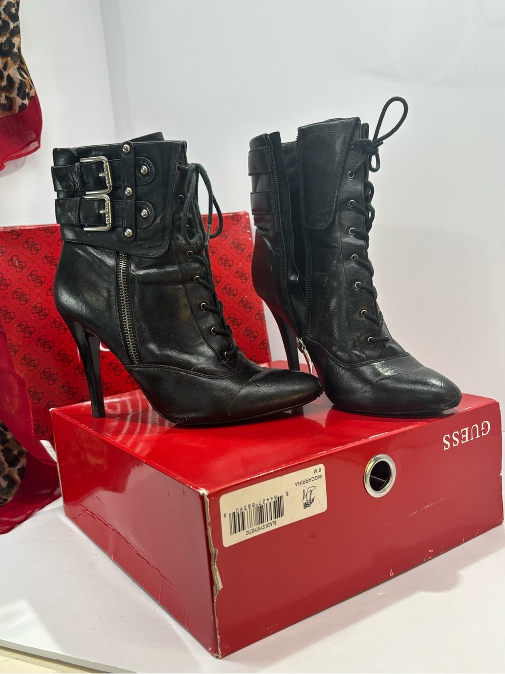 GUESS Black Lace-Up Buckle Stiletto Ankle Boots Side Zip Women’s Size 8
